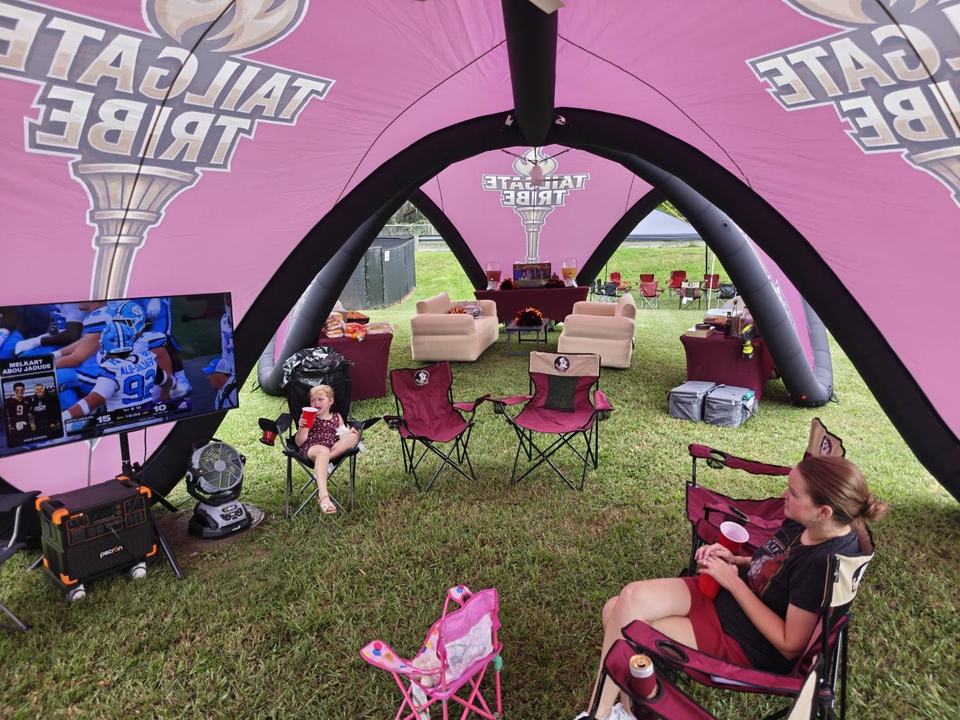 Looking through both canopies: TV, chairs, sofas, and the punch table